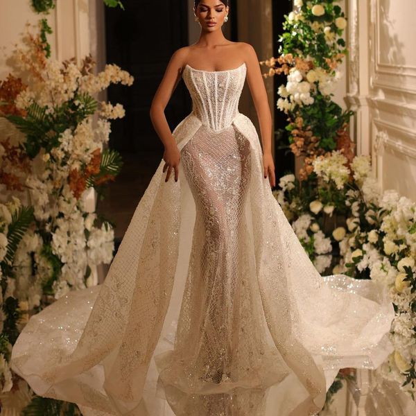 luxury mermaid wedding dresses long sleeveless lace bateau beaded pearls sequins appliques detachable train hollow bridal gowns plus size ve, White
luxury mermaid wedding dresses long sleeveless lace bateau beaded pearls sequins appliques detachable train hollow bridal gowns plus size ve, White