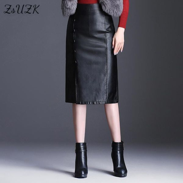 

skirts zuzk women pu leather bodycon skirts fall winter button decorate slit high waist office lady straight skirt midi skirt 4xl 5xl 230308, Black