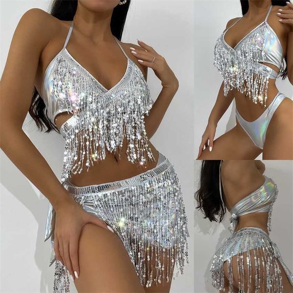 2023 new split swimsuit three piece set women's flash cloth fringe bikini, White;black
2023 new split swimsuit three piece set women's flash cloth fringe bikini, White;black