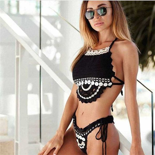 new beach split bikini women's creative shell lace up swimsuit backless hook flower, White;black
new beach split bikini women's creative shell lace up swimsuit backless hook flower, White;black