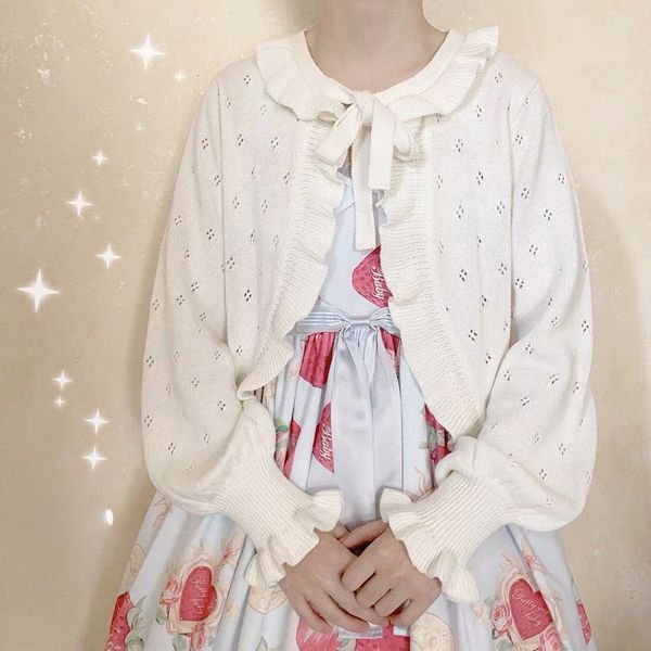 women's knits tees japanese style kawaii lolita cardigan women vintage lantern sleeve thin ruffle sweater coat knitted kardigany girls, White
women's knits tees japanese style kawaii lolita cardigan women vintage lantern sleeve thin ruffle sweater coat knitted kardigany girls, White