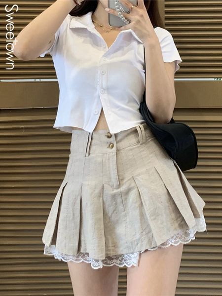 skirts sweetown korean fashion khaki short skirt lace trim cute pleated skirts womens preppy style button up high waist summer skirt 230308, Black
skirts sweetown korean fashion khaki short skirt lace trim cute pleated skirts womens preppy style button up high waist summer skirt 230308, Black