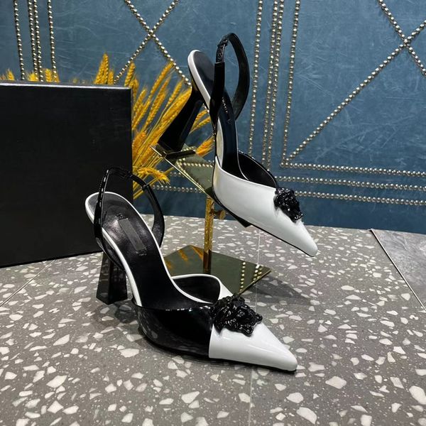 slippers summer new metal human head decoration solid color high-heeled women's shoes pointy casual slip-on shoes with european and ame, Black
slippers summer new metal human head decoration solid color high-heeled women's shoes pointy casual slip-on shoes with european and ame, Black
