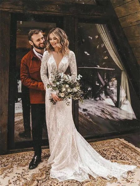 mermaid wedding dress vintage bohemian long-sleeved lace nude back slim light luxury style fn8756, White
mermaid wedding dress vintage bohemian long-sleeved lace nude back slim light luxury style fn8756, White