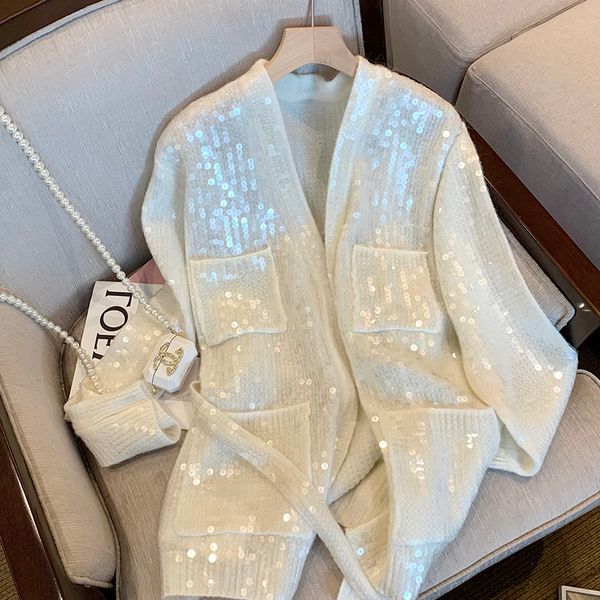 women's knits tee vneck sequined knitted cardigan autumn cashmere beaded sweater coat thin ol straps knitwear lace up fuzzy sueter 230, White
women's knits tee vneck sequined knitted cardigan autumn cashmere beaded sweater coat thin ol straps knitwear lace up fuzzy sueter 230, White