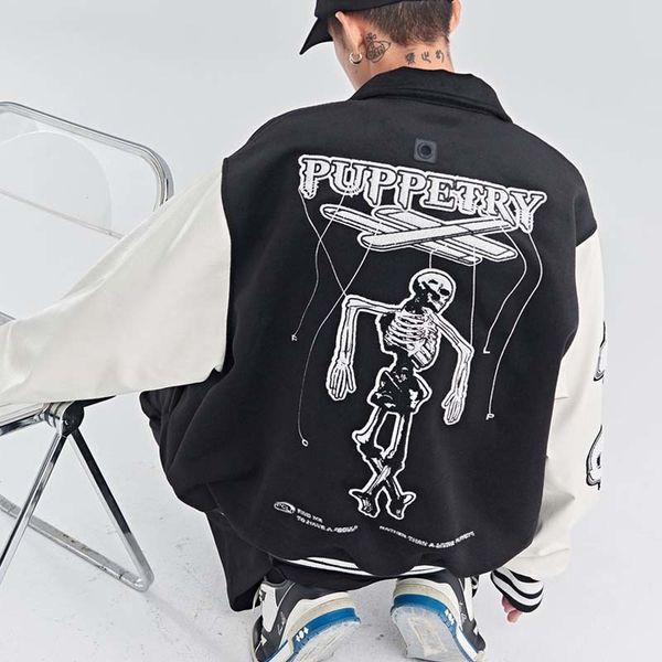men s jackets skull embroidered pu leather panel sleeves varsity jacket men women american campus contrasting colors loose bomber lapel coat, Black;brown
men s jackets skull embroidered pu leather panel sleeves varsity jacket men women american campus contrasting colors loose bomber lapel coat, Black;brown