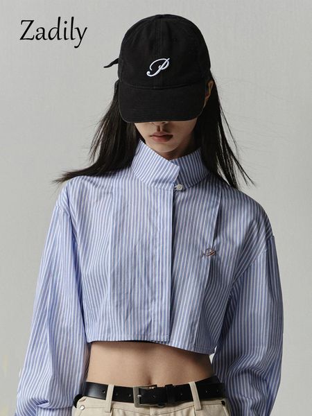 women's blouses shirts zadily spring streetwear long sleeve cotton striped shirt women button stand neck ladies crop female clothing b, White
women's blouses shirts zadily spring streetwear long sleeve cotton striped shirt women button stand neck ladies crop female clothing b, White
