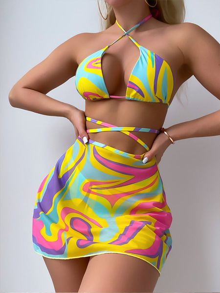 women's swimwear printed cross lace-up hanging neck mesh gauze skirt beach bikini swimsuit three-piece set for women, White;black
women's swimwear printed cross lace-up hanging neck mesh gauze skirt beach bikini swimsuit three-piece set for women, White;black
