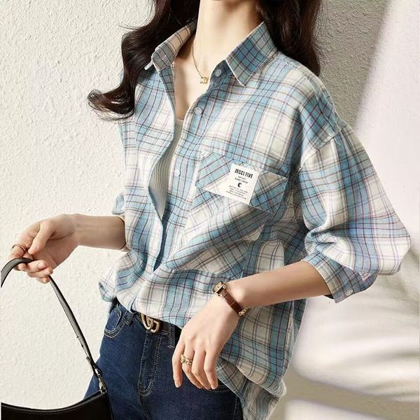 women's blouses shirts vintage printed lapel button pockets plaid shirt women's clothing autumn loose korean all-match commute bl, White
women's blouses shirts vintage printed lapel button pockets plaid shirt women's clothing autumn loose korean all-match commute bl, White