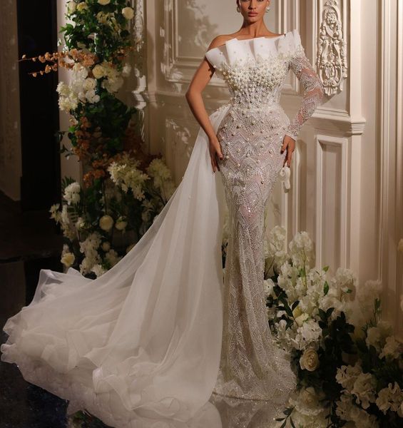 luxury mermaid wedding dresses one long sleeve 3d lace bateau beaded pearls sequins appliques detachable train hollow bridal gowns plus size, White
luxury mermaid wedding dresses one long sleeve 3d lace bateau beaded pearls sequins appliques detachable train hollow bridal gowns plus size, White