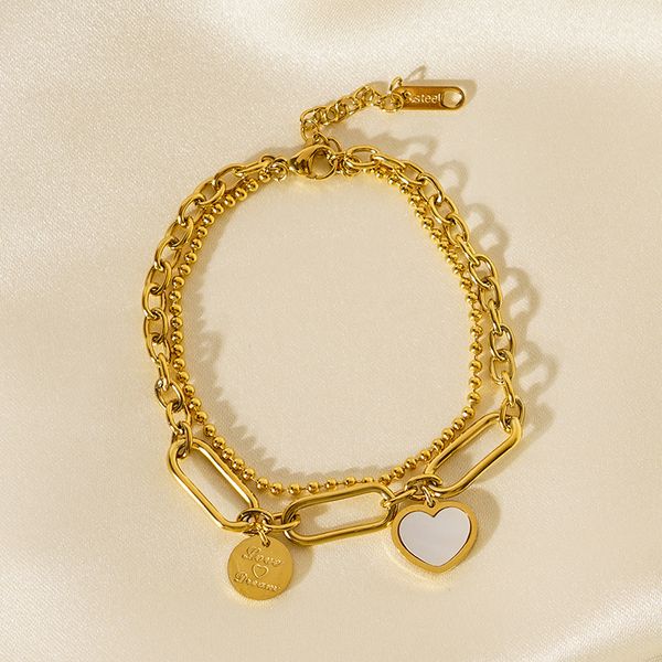 Heart shaped pendant inlaid with mother shell, titanium steel bracelet, female glossy coin letter, double-layer fashion bracelet
Heart shaped pendant inlaid with mother shell, titanium steel bracelet, female glossy coin letter, double-layer fashion bracelet