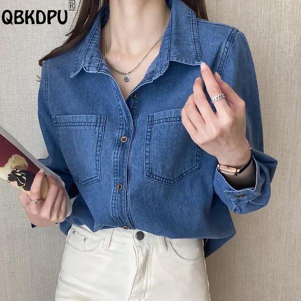 women's blouses shirts fashion lapel denim blouse spring autumn classic jean women's shirts basic pocket single-breasted blusas mu, White
women's blouses shirts fashion lapel denim blouse spring autumn classic jean women's shirts basic pocket single-breasted blusas mu, White
