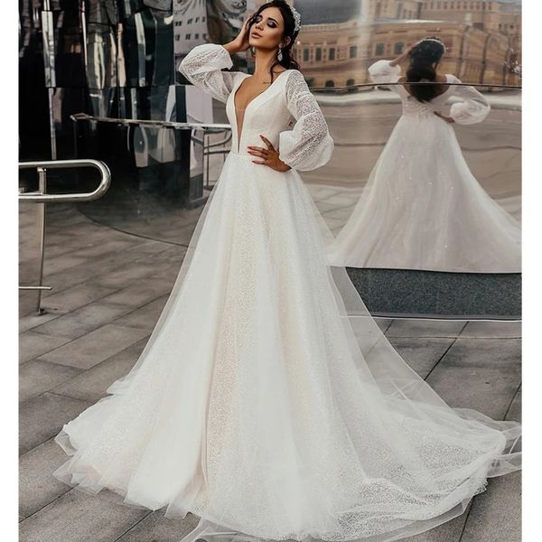 classic a-line wedding dresses puffy long sleeves deep v neck backless lace-up plus size bridal gowns train robe custom mad, White
classic a-line wedding dresses puffy long sleeves deep v neck backless lace-up plus size bridal gowns train robe custom mad, White
