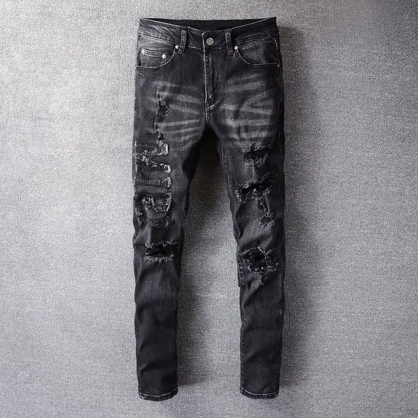 men's jeans vintage hole letter patchwork men jean punk hip hop retro ripped designer straight-leg pants distressed casual long trouser, Blue
men's jeans vintage hole letter patchwork men jean punk hip hop retro ripped designer straight-leg pants distressed casual long trouser, Blue