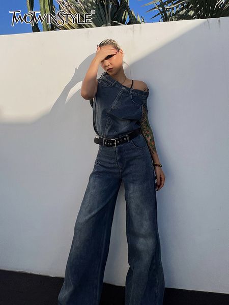 women s two piece pants twotwinstyle denim sets for women slash neck sleeveless high waist spliced button wide leg solid set female 230307, White
women s two piece pants twotwinstyle denim sets for women slash neck sleeveless high waist spliced button wide leg solid set female 230307, White