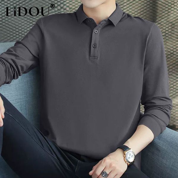 men's polos spring autumn fashion solid color all match long sleeve shirt men casual simple male clothes loose button polo neck pullove, White;black