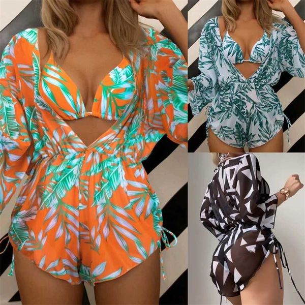 2023 new three piece bikini leaf print waistband fashion long sleeve beach sun proof swimsuit, White;black
2023 new three piece bikini leaf print waistband fashion long sleeve beach sun proof swimsuit, White;black