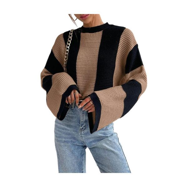 elegant semi high collar pullover women's sweaters lady contrast color striped pattern knitted blouse with loose wide long sleeves rib, White;black
elegant semi high collar pullover women's sweaters lady contrast color striped pattern knitted blouse with loose wide long sleeves rib, White;black