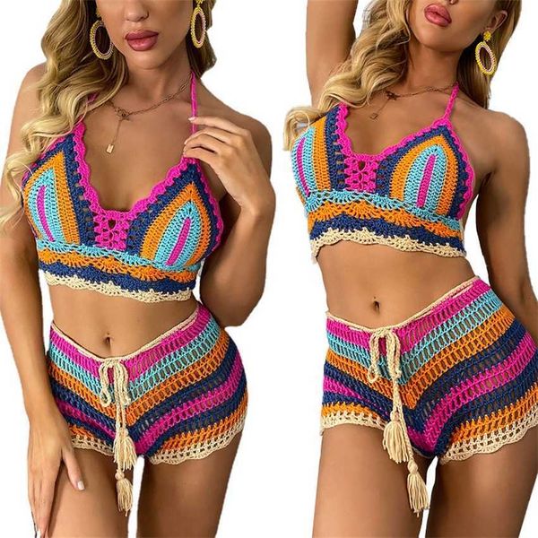 bikini women's summer beach vacation split color stripe knitted swimsuit set, White;black
bikini women's summer beach vacation split color stripe knitted swimsuit set, White;black
