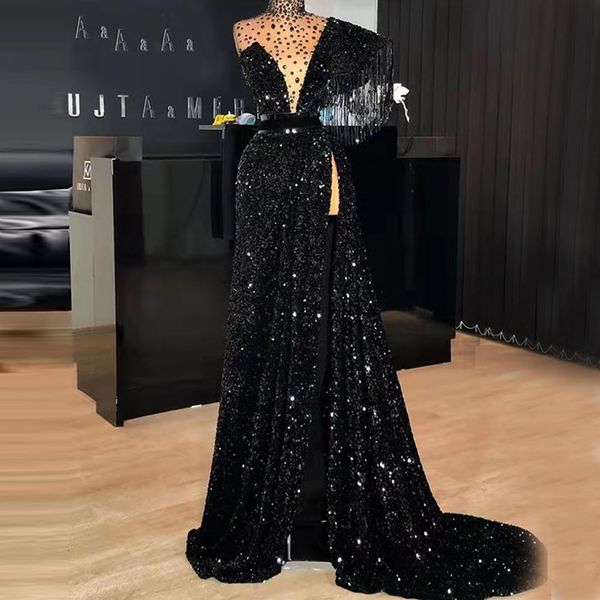 shinny black sequins evening dress high neck cocktail dresses with tassel cap sleeves high slit vestidos de fiesta, Black;red
shinny black sequins evening dress high neck cocktail dresses with tassel cap sleeves high slit vestidos de fiesta, Black;red