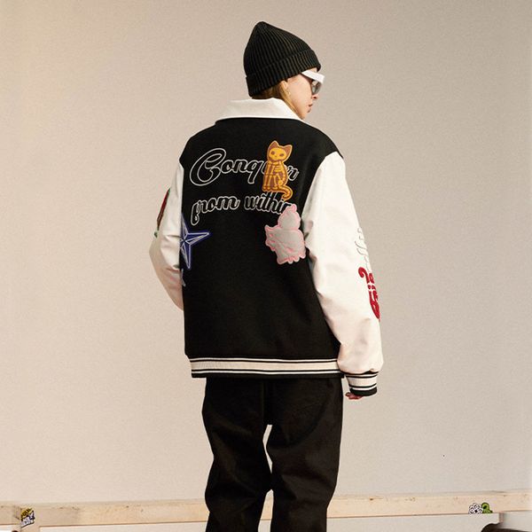 men's jackets high street vintage baseball lapel towel embroidery lover's cotton fashion cartoon print all match coat men 230309, Black;brown 
men's jackets high street vintage baseball lapel towel embroidery lover's cotton fashion cartoon print all match coat men 230309, Black;brown