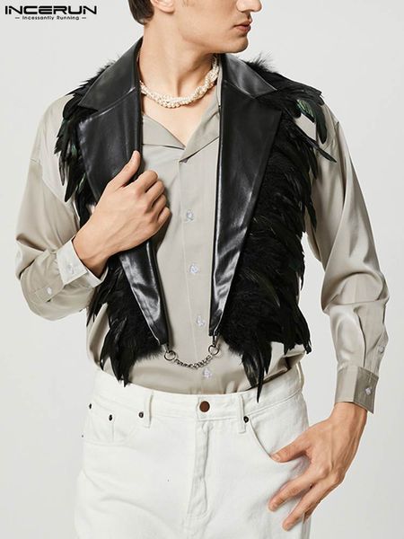 men's vests incerun fashion feather pu leather patchwork streetwear backless irregular waistcoats 2023 lapel sleeveless 230309, Black;white
men's vests incerun fashion feather pu leather patchwork streetwear backless irregular waistcoats 2023 lapel sleeveless 230309, Black;white