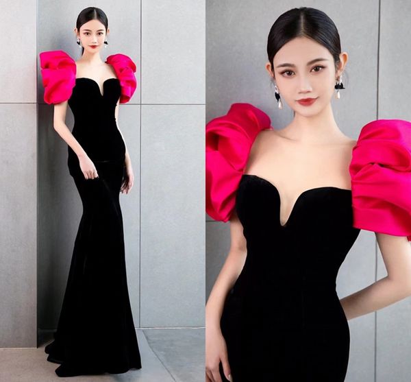 fuchsia black mermaid evening dress 2023 short puffy sleeves backless satin prom party gown birthday wear robe de soriee, Black;red
fuchsia black mermaid evening dress 2023 short puffy sleeves backless satin prom party gown birthday wear robe de soriee, Black;red