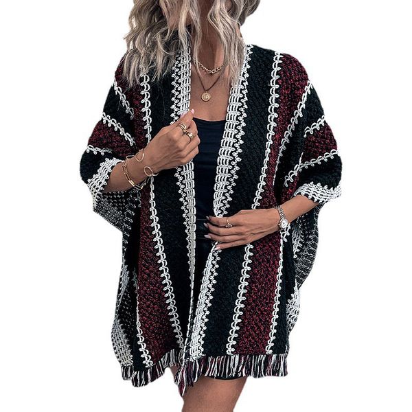 women fall winter shawl cardigan knitted poncho striped colorful color weaving scarf cloak hem tassels fringe polyester knitting sweater cap, Black
women fall winter shawl cardigan knitted poncho striped colorful color weaving scarf cloak hem tassels fringe polyester knitting sweater cap, Black