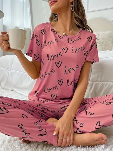 women's sleepwear cozy pink pajamas set printed short sleeve & elastic waist pants for valentine's gifts, women's loungewear, Black;red
women's sleepwear cozy pink pajamas set printed short sleeve & elastic waist pants for valentine's gifts, women's loungewear, Black;red