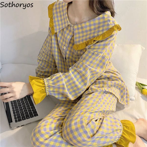 women's sleepwear sweet plaid pajama sets women long sleeve button elastic waist pants loose lounge homewear cute autumn ruffles pajama, Black;red
women's sleepwear sweet plaid pajama sets women long sleeve button elastic waist pants loose lounge homewear cute autumn ruffles pajama, Black;red