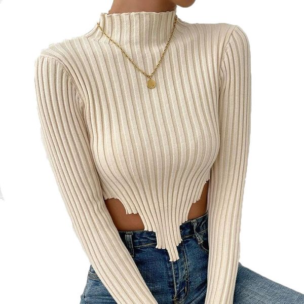 high collar pullover women's knits lady irregular length bottom trimed hem open belly button knitted blouse extra short with long slee, White
high collar pullover women's knits lady irregular length bottom trimed hem open belly button knitted blouse extra short with long slee, White