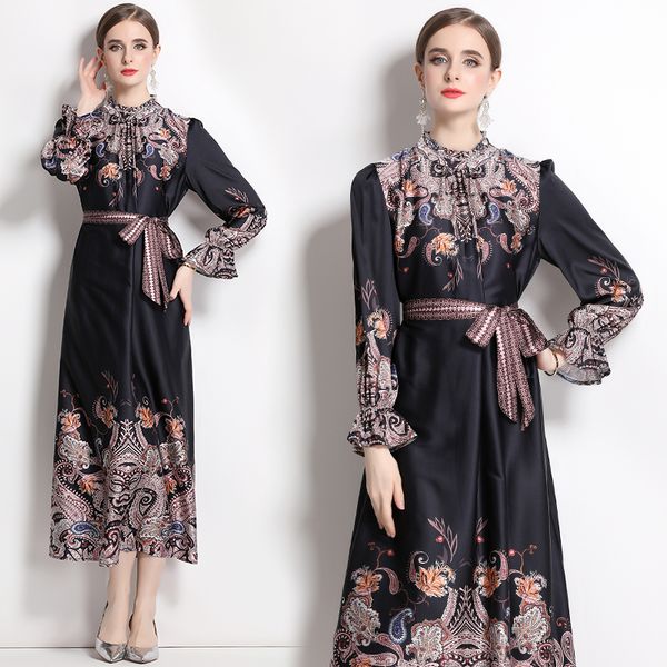 2023 paisley floral black party maxi dress long sleeve women designer mock neck birthday prom lace up bow slim a-line dresses ladies office, Black;gray