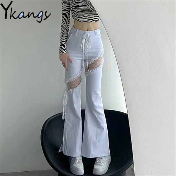 women's jeans y2k lace stitching hollow out side slit bandage high waist flared slim gothic punk streetwear denim pants harajuku trouse, Blue
women's jeans y2k lace stitching hollow out side slit bandage high waist flared slim gothic punk streetwear denim pants harajuku trouse, Blue