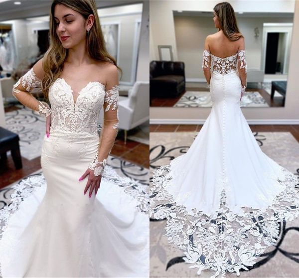 gorgeous lace mermaid wedding dresses backless sheer appliques long sleeve sweep train bridal gowns with button covered back bc15399, White
gorgeous lace mermaid wedding dresses backless sheer appliques long sleeve sweep train bridal gowns with button covered back bc15399, White