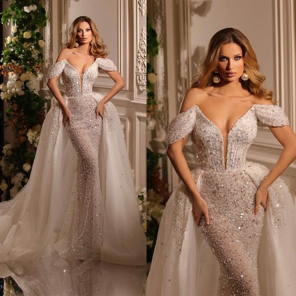 2023 luxury mermaid wedding dresses sequins appliques lace off shoulder bridal gowns custom made detachable train vestidos de novia, White
2023 luxury mermaid wedding dresses sequins appliques lace off shoulder bridal gowns custom made detachable train vestidos de novia, White