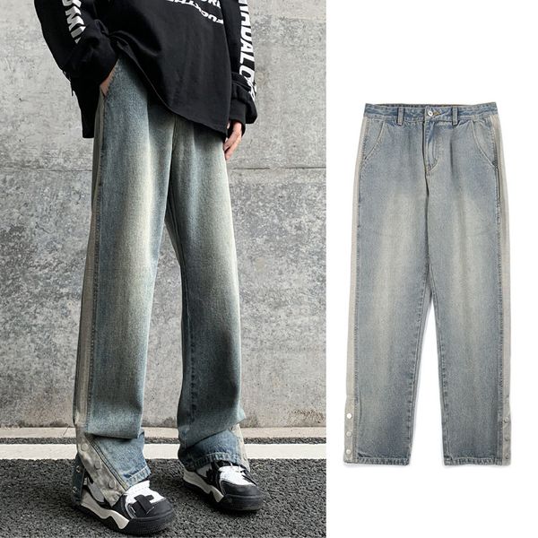 men's jeans split sleeve men straight denim american style stitching button leg nostalgic washed trousers y2k distressed shopping 23030, Blue
men's jeans split sleeve men straight denim american style stitching button leg nostalgic washed trousers y2k distressed shopping 23030, Blue