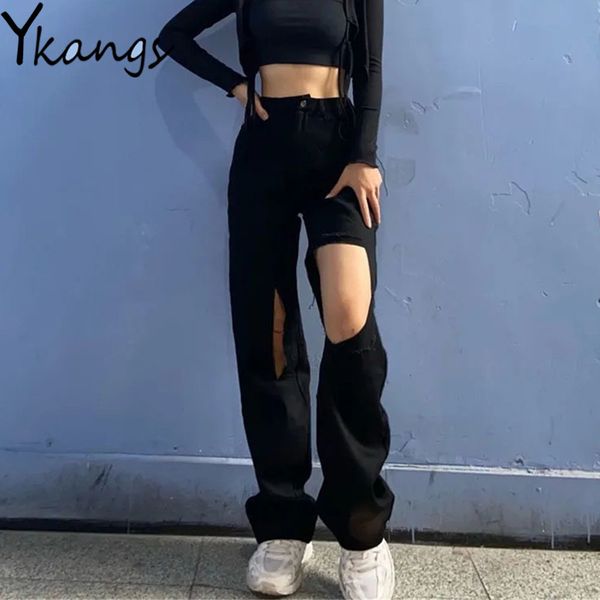 women's jeans asymmetric ripped hole gothic wide leg streetwear punk hip hop fashion women denim pants casual black high waist trousers, Blue
women's jeans asymmetric ripped hole gothic wide leg streetwear punk hip hop fashion women denim pants casual black high waist trousers, Blue