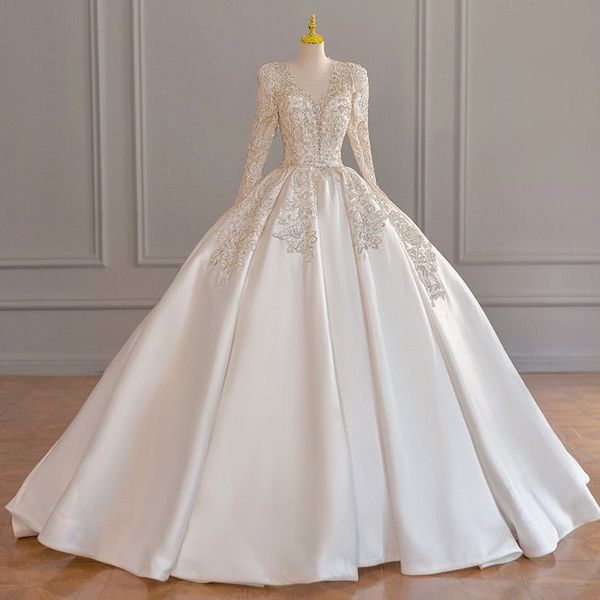 elegant satin wedding dress sheer v-neck long sleeves 2023 lace appliqus beaded pageant bridal gowns arabic custom made robe de mariage, White
elegant satin wedding dress sheer v-neck long sleeves 2023 lace appliqus beaded pageant bridal gowns arabic custom made robe de mariage, White
