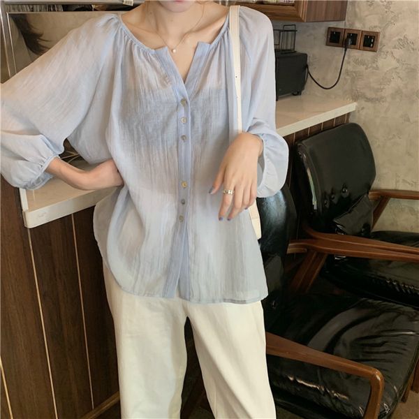 women's blouses shirts women summer loose v neck translucent rayon blouse raglan sleeve single breasted sunproof shirt three quarter sl, White
women's blouses shirts women summer loose v neck translucent rayon blouse raglan sleeve single breasted sunproof shirt three quarter sl, White