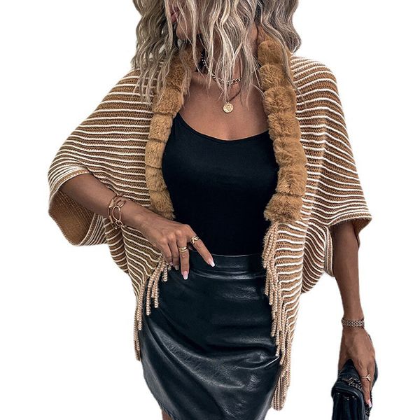 v-neck women fall winter cardigan knitted poncho striped color weaving cloak tassels fringe faux fur decorated collar neckline polyester kni, Black
v-neck women fall winter cardigan knitted poncho striped color weaving cloak tassels fringe faux fur decorated collar neckline polyester kni, Black