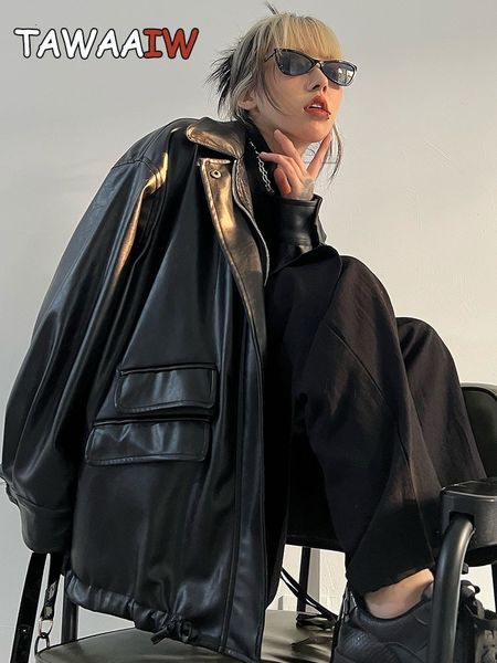 women's jackets tawaaiw streetwear black pu leather coats and jackets women pocket long sleeve y2k gothic autumn spring ladies jackets, Black;brown
women's jackets tawaaiw streetwear black pu leather coats and jackets women pocket long sleeve y2k gothic autumn spring ladies jackets, Black;brown