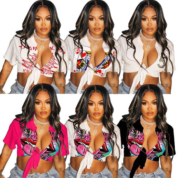 2023 designer womens t-shirts print summer navel strap cardigan lace up shirt short sleeves tees, White
2023 designer womens t-shirts print summer navel strap cardigan lace up shirt short sleeves tees, White