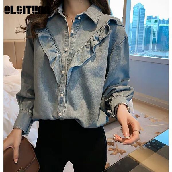 women's blouses shirts women sweet denim ruched loose slim tiered ruffles jean shirt long sleeves basic female shirt blouse 230309, White
women's blouses shirts women sweet denim ruched loose slim tiered ruffles jean shirt long sleeves basic female shirt blouse 230309, White