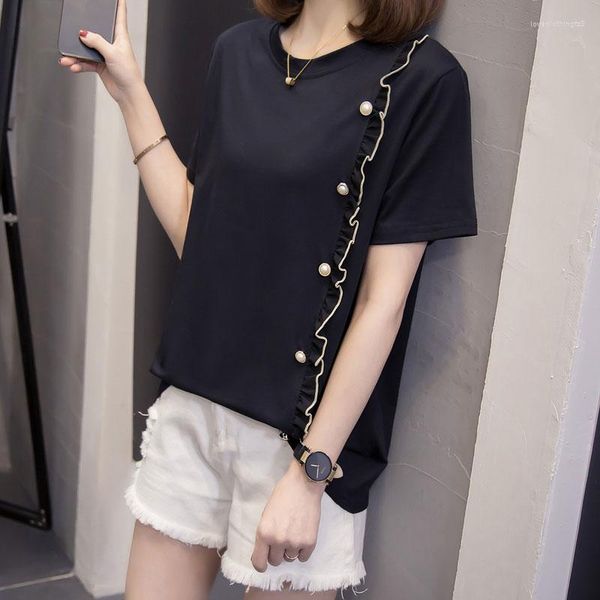women's t shirts 2023 summer button ruffles short sleeve t-shirt women tee shirt loose black basic casual hipster t-shirts 4xl, White
women's t shirts 2023 summer button ruffles short sleeve t-shirt women tee shirt loose black basic casual hipster t-shirts 4xl, White