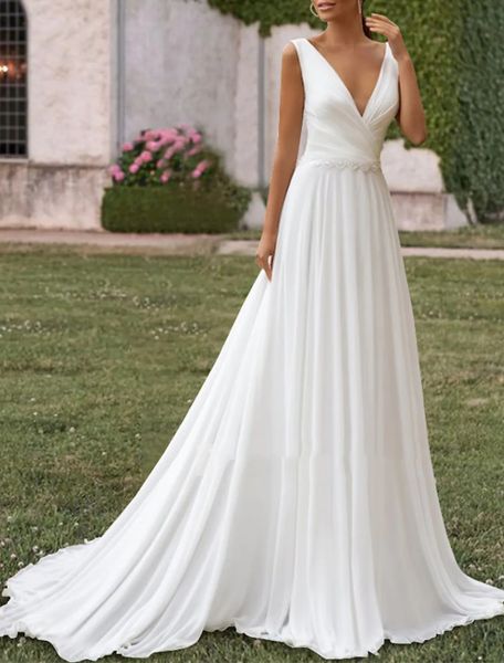 beach casual wedding dress a-line sleeveless v neck chiffon backless pleats summer boho bridal gowns robe de mariee, White
beach casual wedding dress a-line sleeveless v neck chiffon backless pleats summer boho bridal gowns robe de mariee, White