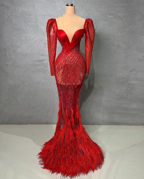 red mermaid prom dresses long sleeves v neck bead lace satin appliques sequins floor length celebrity feather train evening dress bridal gow, Black
red mermaid prom dresses long sleeves v neck bead lace satin appliques sequins floor length celebrity feather train evening dress bridal gow, Black