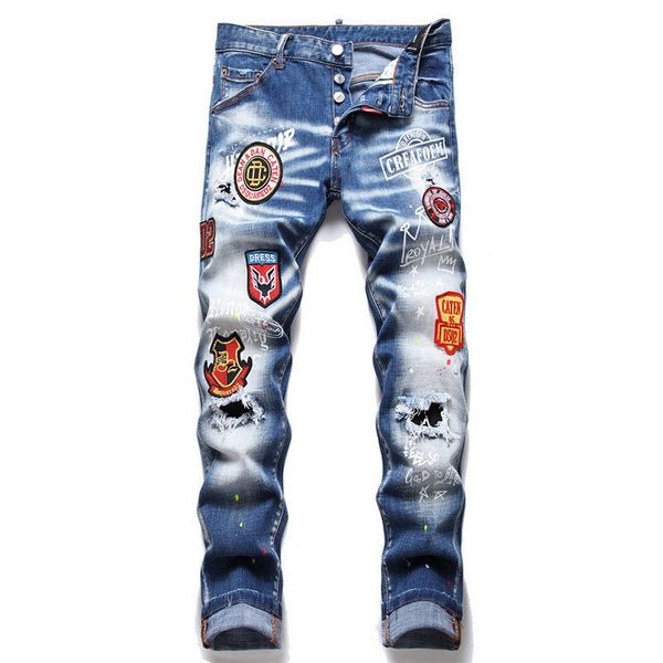 men's jeans men slim fit stretchy beggar ripped badge skinny men's denim pants 5-pocket regular cotton jean destroyed hole pant hi, Blue
men's jeans men slim fit stretchy beggar ripped badge skinny men's denim pants 5-pocket regular cotton jean destroyed hole pant hi, Blue