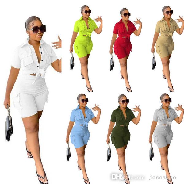 2023 women tracksuits 2 piece set outfits summer designer short sleeve button shirt blouses and shorts matching sets, Gray 
2023 women tracksuits 2 piece set outfits summer designer short sleeve button shirt blouses and shorts matching sets, Gray