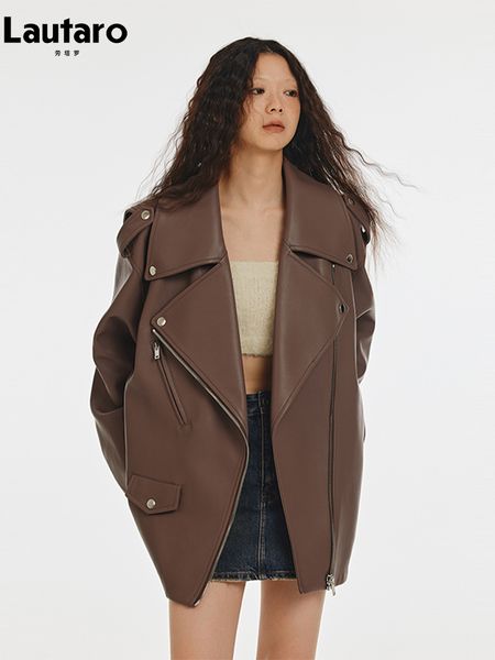 women's jackets lautaro spring autumn cool oversized soft brown faux leather biker jacket women zipper loose luxury designer clothes 20, Black;brown
women's jackets lautaro spring autumn cool oversized soft brown faux leather biker jacket women zipper loose luxury designer clothes 20, Black;brown
