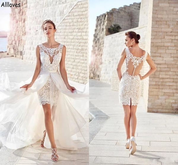 2 in 1 removable train sheath wedding dresses summer beach scoop neck lace appliqued mini bridal gowns illusion buttons back short reception, White
2 in 1 removable train sheath wedding dresses summer beach scoop neck lace appliqued mini bridal gowns illusion buttons back short reception, White